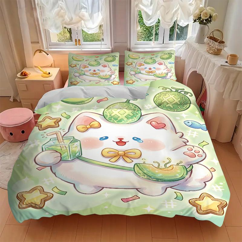 Cute Cat Melon Party Print 3Pcs Bedding Setduvet Cover With 2 Bedropillowcase Home Birthday Gift