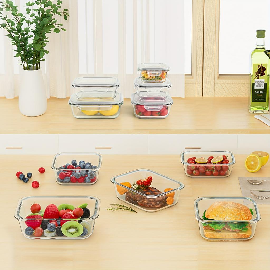 8 шт. стеклянных контейнеров для хранения продуктов, набор, безопасный для микроволновой печи, герметичный ланч-бокс Bento, многоразовый, морозильник, пригодный для мытья в посудомоечной машине, прочный кухонный органайзер