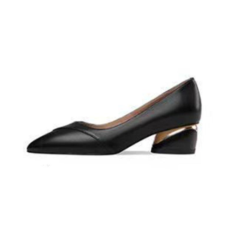 WTEMPO Women's Spring and Autumn Single Shoes Solid Color Pointed Toe Middle Thick Heel Rubber Anti-slip Sole Soft Leather Shoes Comfortable Versatile