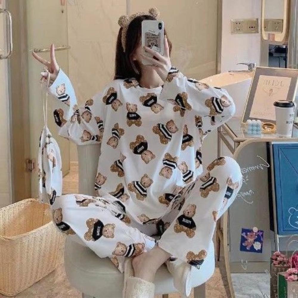 Cartoon Cute Patterned Long Sleeved Pajamas Set Female Spring Sleepwear Comfortable Cotton Round Neck Pajamas
