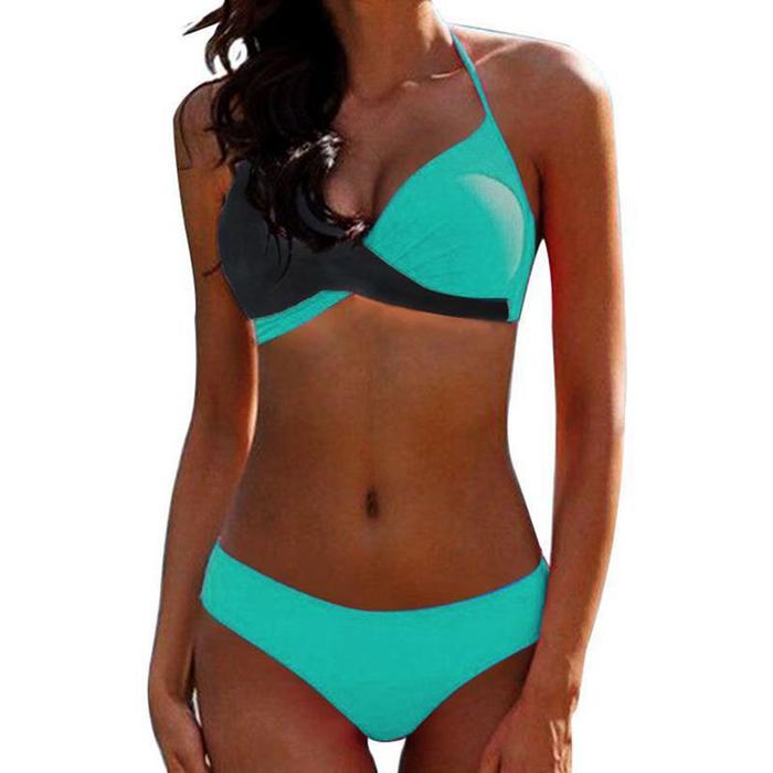 Women Sexy Narrow Necked Push Ups Split Swimsuit Summer V-neck Color Block Splicing Bikini Beach Suit