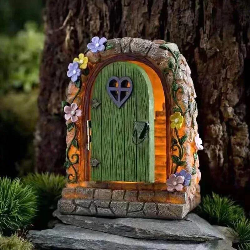 Fairy Gnome Door Figurines Elf Home Wooden Fairy Garden Door Art Tree Sculpture Statues Ornament Outdoor Decoration Miniatures