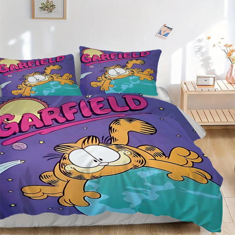 3pcs Garfield's Cosmic Adventure Printed Quilt Set - Includes 1 Quilt Cover and 2 Pillowcases, Machine Washable - Suitable for All Seasons.W037