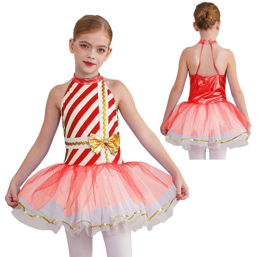 Костюм для девочек на Рождество и Новый год в виде леденца, балетная пачка с полосками, танцевальное платье для рождественской новогодней вечеринки, сценический костюм