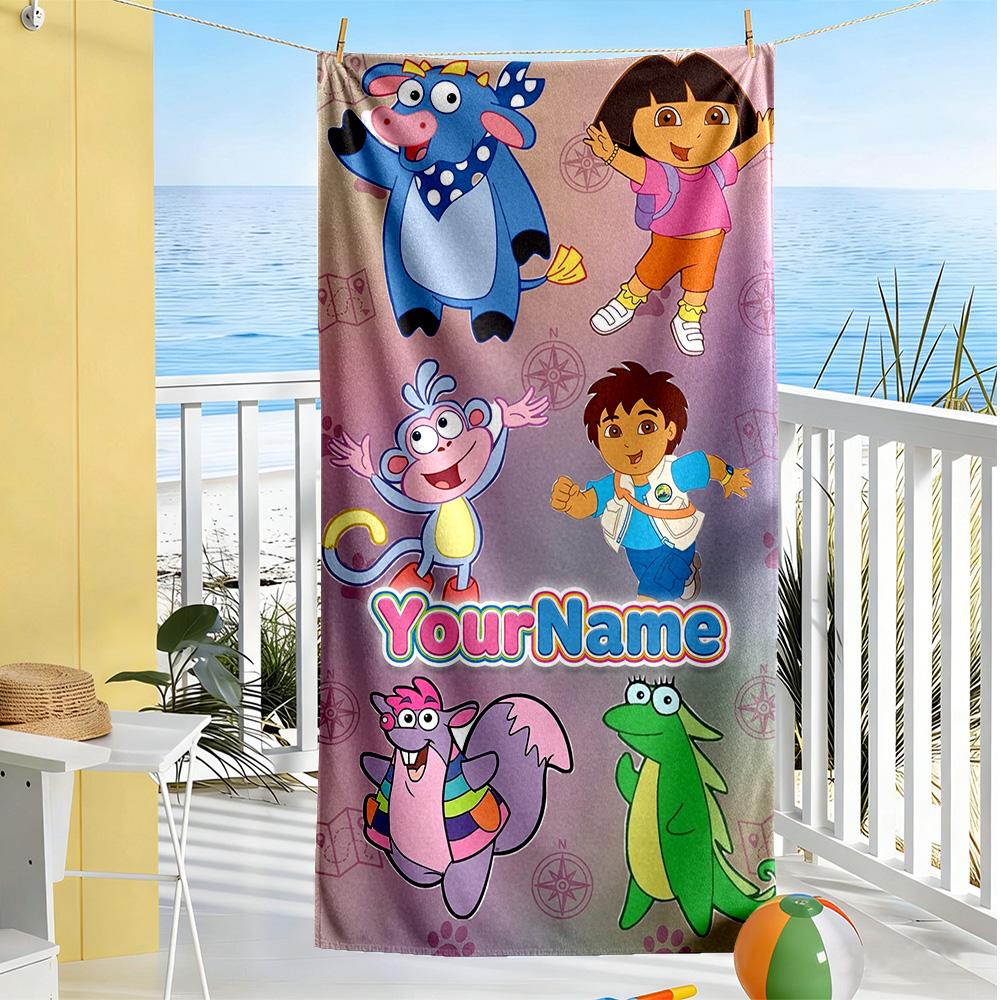 Dora Explorer Customized Name Beach Towel Soft Durable Quick-Dry Perfect for Traveling Yoga Camping and Swimming