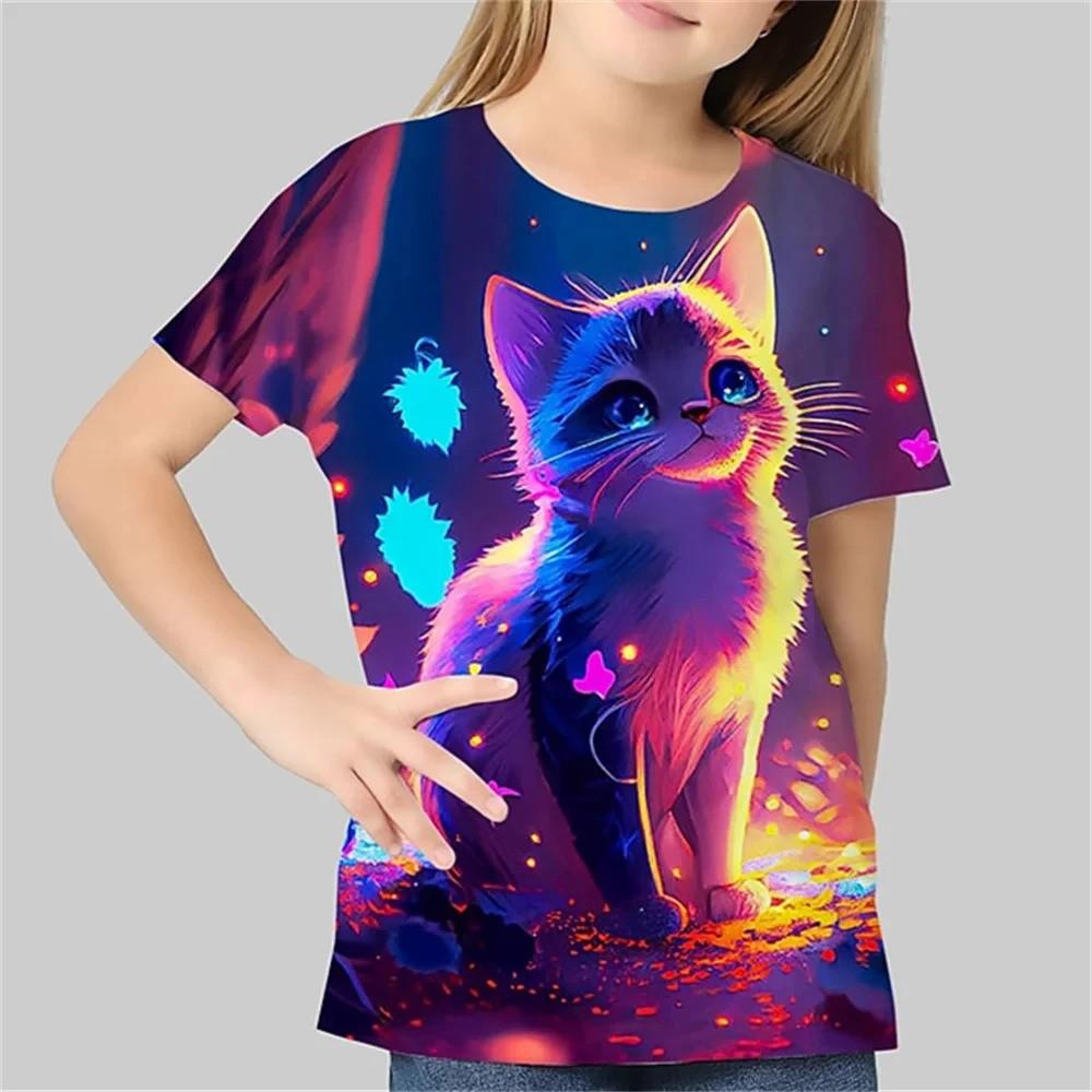 Children's clothing summer children's girls boys' T-shirts cat 3D printed round neck casual tops animal