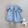 Girls' Korean Spring/Summer Denim Dress with Lace Lapel and Puff Sleeves