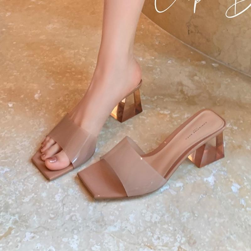 Тапочки женские туфли на среднем каблуке универсальная новая летняя обувь женская мода прозрачные кристаллы толстый каблук крутые сандалии мюли