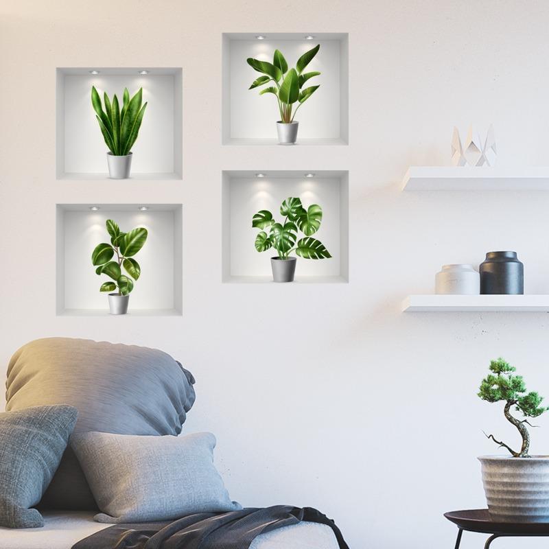 PVC 3D Simulation Green Plant Potted 3D Wall Stickers Living Room Background Study Office DIY Waterproof Decorative Stickers