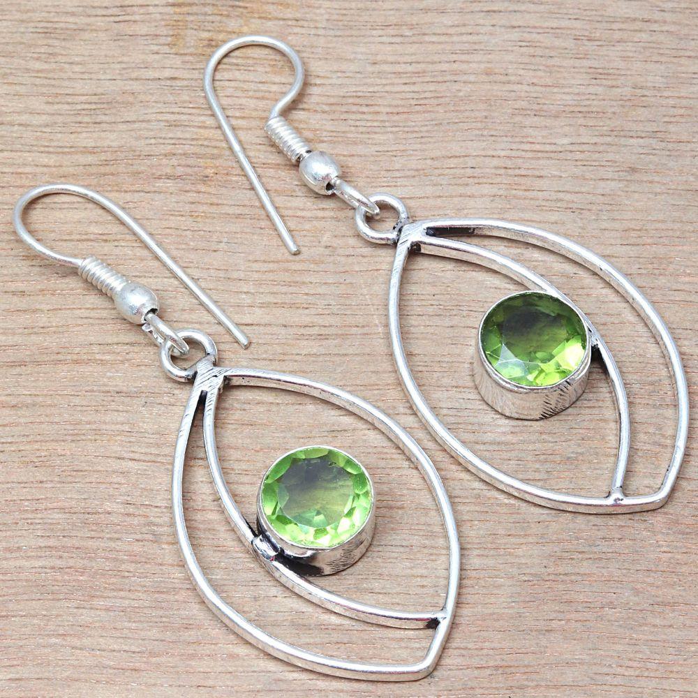 Peridot Quartz Gemstone Handmade 925 Silver Jewelry Earrings 1.5''