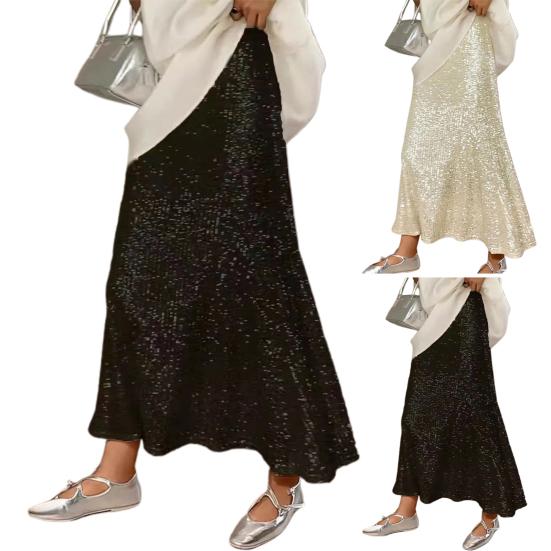 Women Maxi Skirt Elastic High Waist Long Skirt with Liner Shiny Sequins