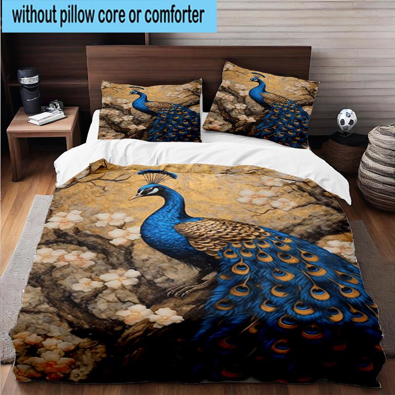 Blue Peacock Blossoms 3pcs Bedding,Including 1pc Duvet Cover And 2pcs Pillowcases Perfect for Christmas,Ideal for Bedroom, Dormitory