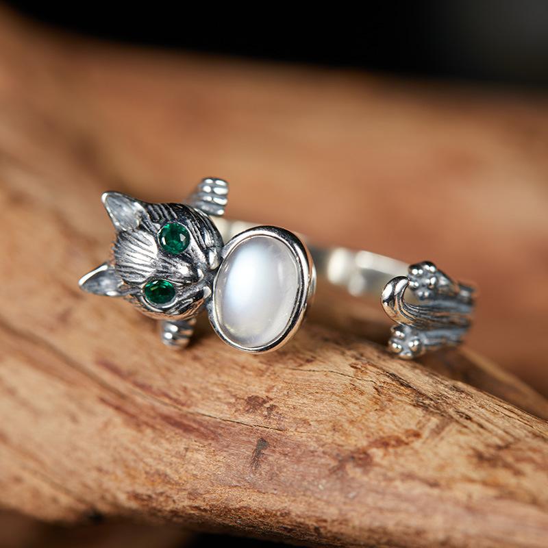 Ретро Цветная Счастливая Кошка Кольцо Ювелирное изделие 925 стерлингового серебра Инкрустированное Натуральным Лунным камнем Кольцо Женская Индивидуальность