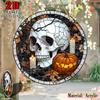 Halloween Skull and Pumpkin Stained Glass Pendant Sun Catcher -  Acrylic Garden Decoration with Candles and Fall Leaves, Outdoor Halloween Decoration,