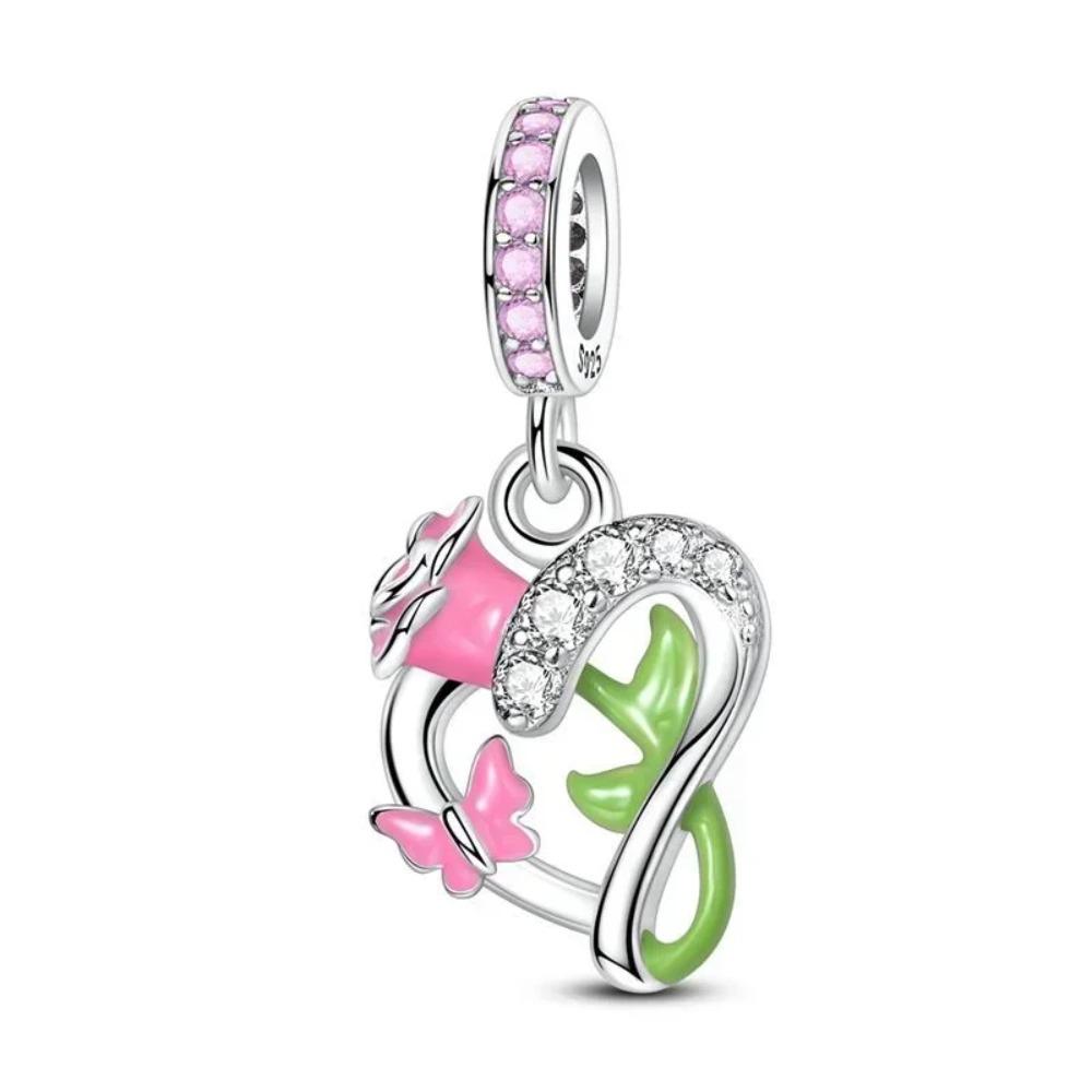 925 Silver Pink Blossom Dangle Charm Butterfly Heart Flower Rose Bird Bead For DIY Necklace Bracelet Fine Jewellery