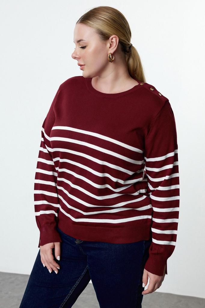 Women's Fashion Stylish Plus Size Sweater Black Striped Crew Neck Knitwear Sweater