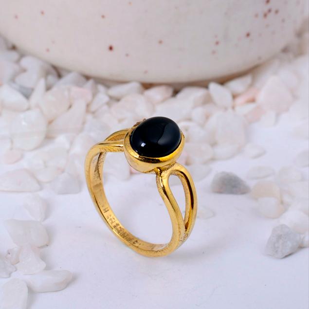Black Onyx Gold Plated Oval Ring | Minimalist Brass Statement Jewelry for Women | Protection Stone Gift
