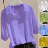 Shirt Tops Lapel Collar Half Sleeve Blouse Solid Color Loose Fit Buttons Decor Pullover