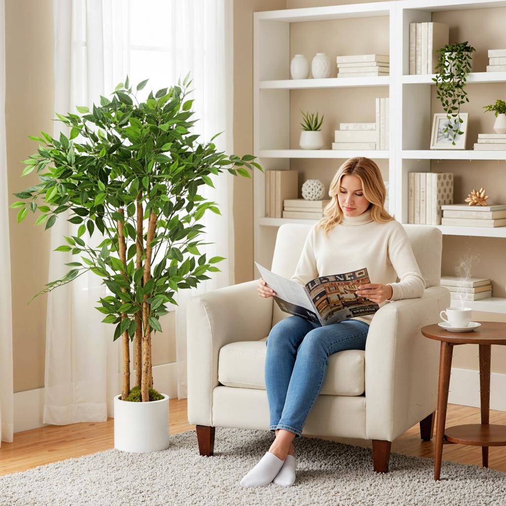 120cm Artificial Ficus Tree, Fake Potted Tree with Solid Wood Trunk and Pot for Indoor, Green