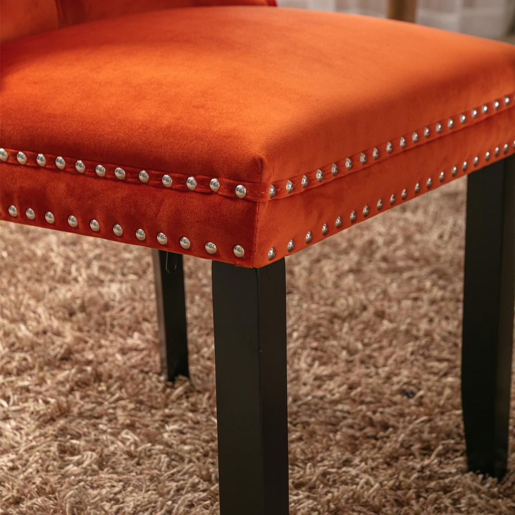 Nikki Collection High-end Tufted Solid Wood Contemporary Velvet Upholstered Dining Chair with Wood Legs Nailhead Trim 2-Pcs Set, Orange, DE2001OG