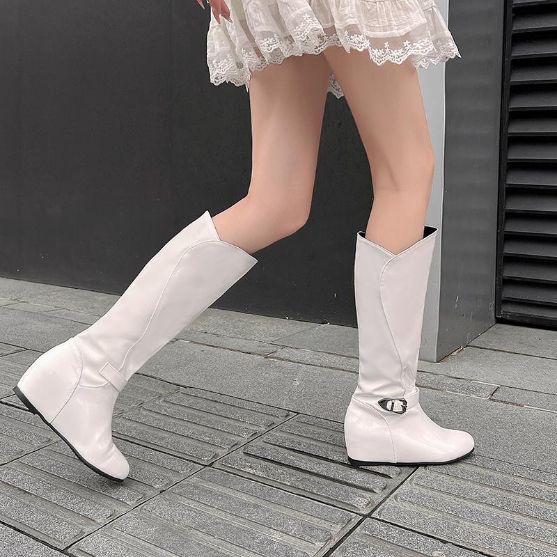 Women's flat-bottomed boots autumn and winter new large-size medium boots solid color versatile casual inner heel boots