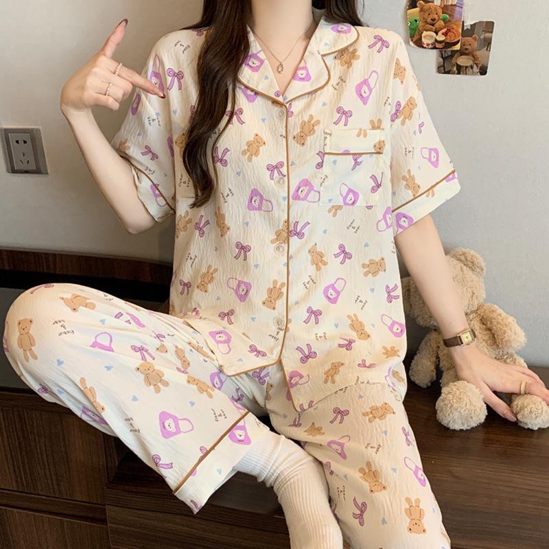 New striped ins style light luxury cloud cotton pajamas women's summer short-sleeved trousers casual loungewear two-piece set