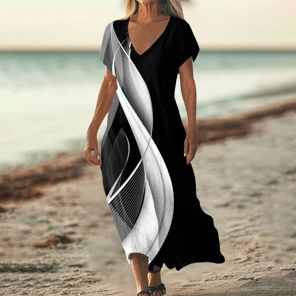 Fashion Women's Summer V-Neck Short Sleeve Floral Print Beach Dress