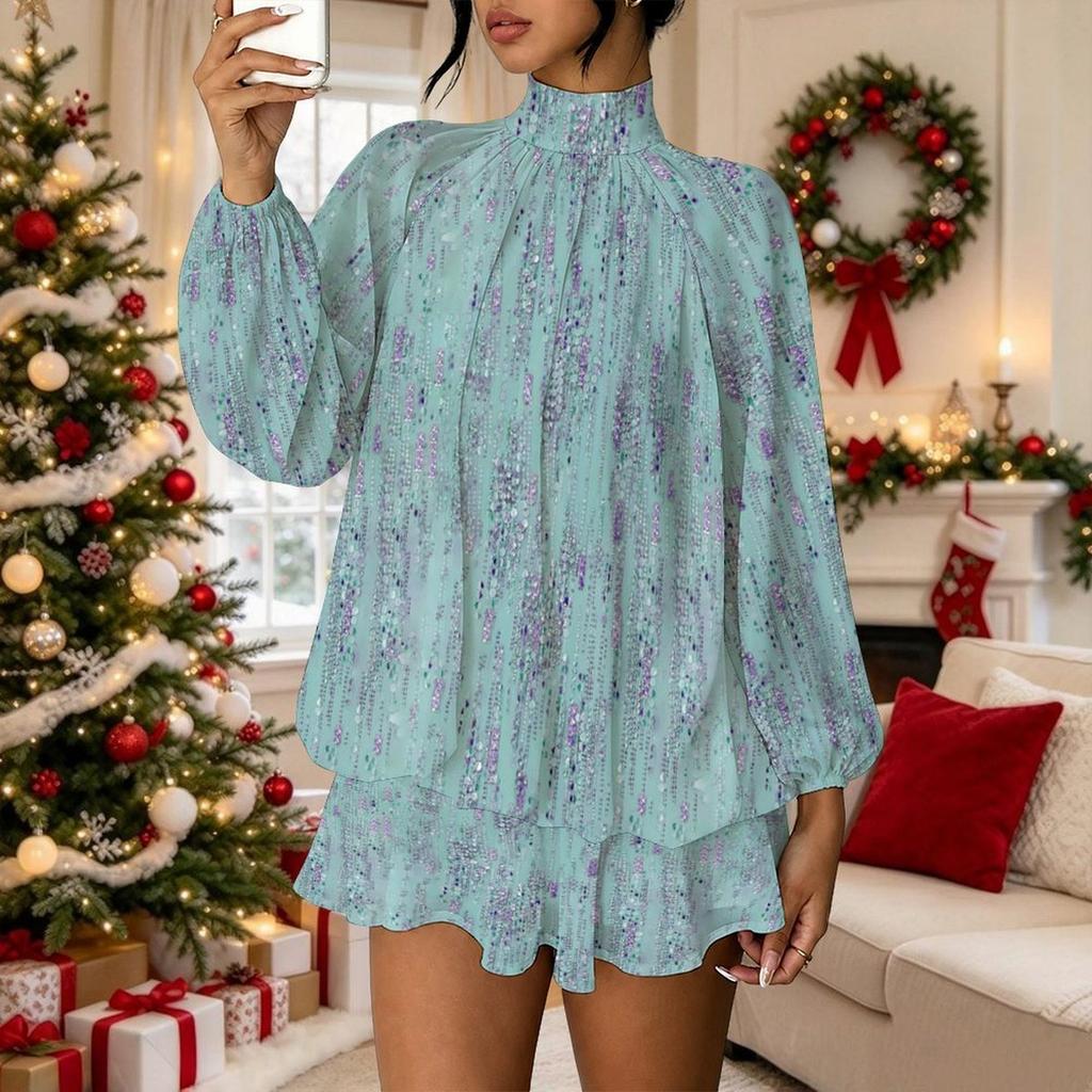 Women's 3D Soft Floral Print Mock Neck Long Sleeve Dress, Raglan Sleeve Fake Two Piece Mini Dress