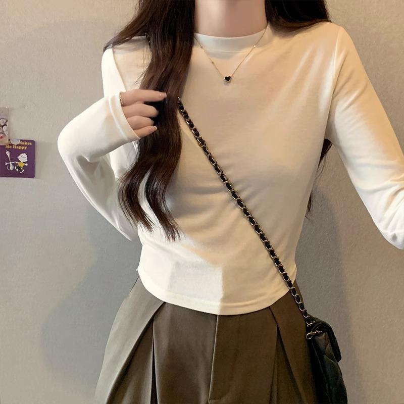 Абрикосовый круглый вырез, тонкий, с правым плечом, с длинным рукавом, однотонная эластичная футболка для женщин с высокой талией, укороченный внутренний топ, осень