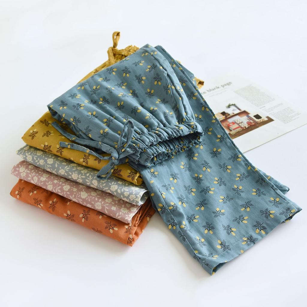 Cotton Floral Pajama Pants Women Big Size Double Gauze Girl Home Trousers Autumn Winter Loose Lace Up Sleeping Casual