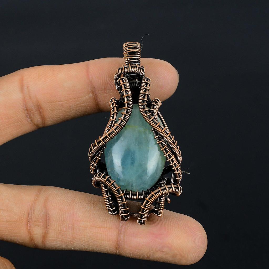 Aquamarine 999 Copper Wire Wrapped Pendant, Handmade Gemstone Pendant Jewelry, Gifts For Wife Brand New Pendant