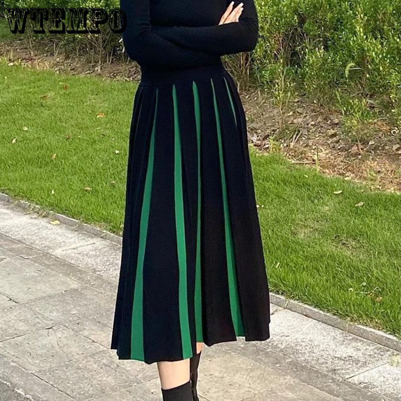 2023 Женская вязаная юбка до половины тела, женская темпераментная высокая талия, цвет по буквам, длинная плиссированная юбка с абзацем