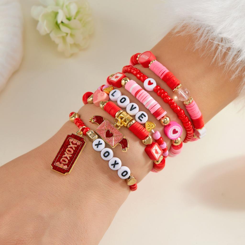 Fashion 6pcs/set Y2K Pink Beads Polymer Clay Bracelets Set for Women Girls LOVE Heart Pendant Gifts for Lovers Jewelry