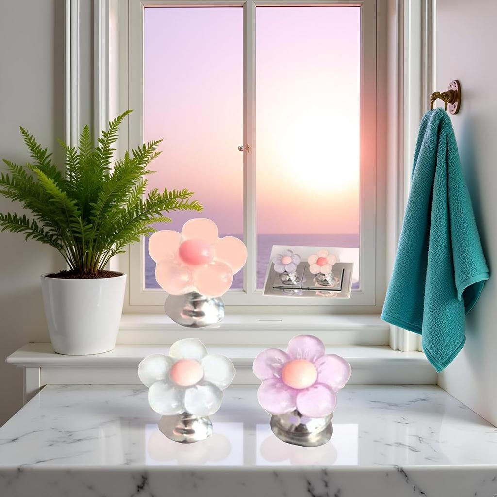 3Pcs Multicolor Cute Flower Shaped Toilet Buttons,Flower Shape Press Tank Button,Toilet Push Tank Buttonss Flush Pusher Tool,Handle Helper,Creative