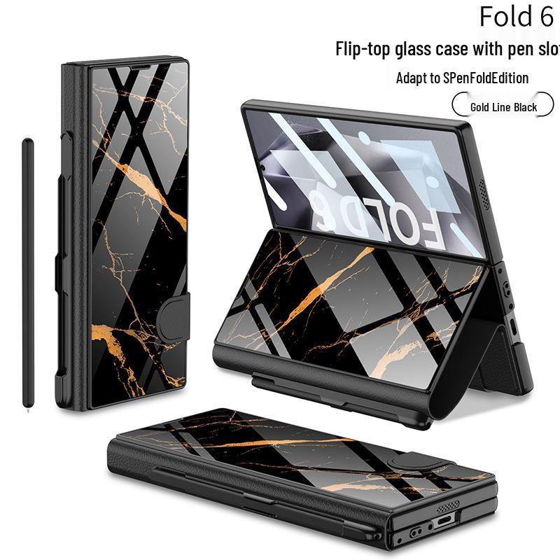 Кожаный чехол-книжка Samsung Z Fold 6 со слотом для стилуса и стеклянной крышкой – Стильный и деловой.