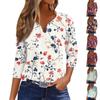 Women's Fashion Casual Flowers Print V-Neck Decorative Button Three-quarter Sleeve T-Shirt Top
