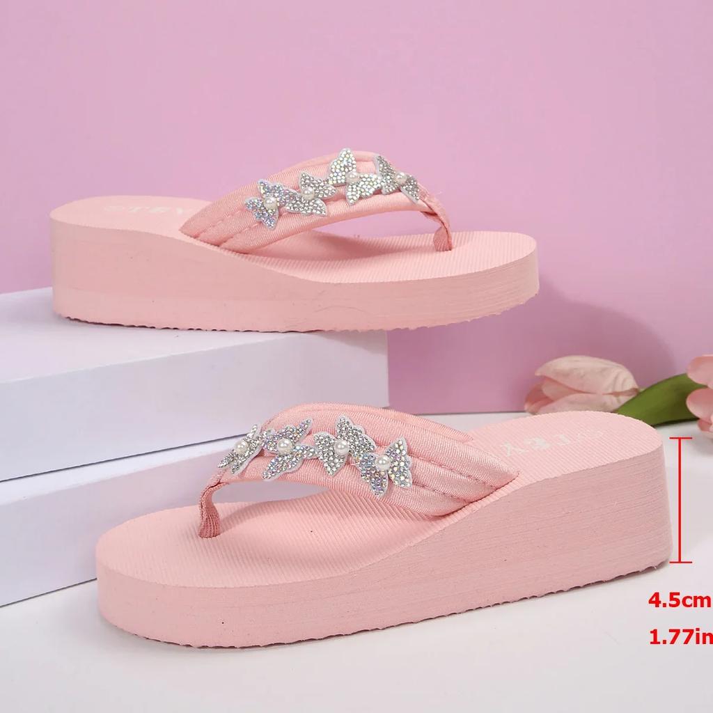 Fashion Rhinestone Butterfly Wedge Slippers Women 2025 Summer Thick Sole Non Slip Beach Flip Flops Woman Lightweight Platform Sandals