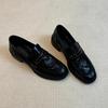 Cowhide Version~ Loafers Women's Genuine Leather Retro British Style Round Head Rivet Folds One Pedal Thick Heel Small Leather Shoes Women