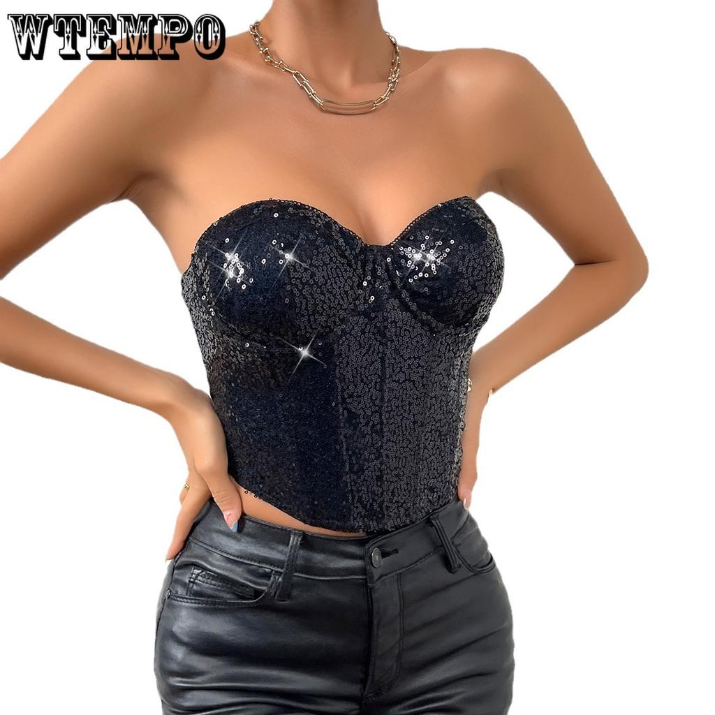 European and American Spicy Girls Bust Wrap Fashion Bead Zipper Heavy Industry Strapless Women's Top Street Trend Party Sexy Girl