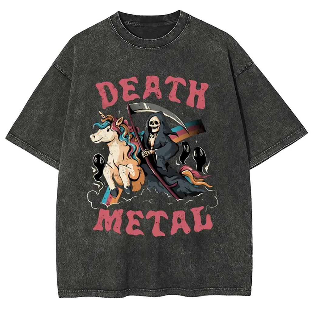 Fashion Death Metal Unicorn Ropa Hombre Y2K Men Women Unisex Harajuku Washed T-Shirt Streetwear Retro Cotton T Shirts Tees