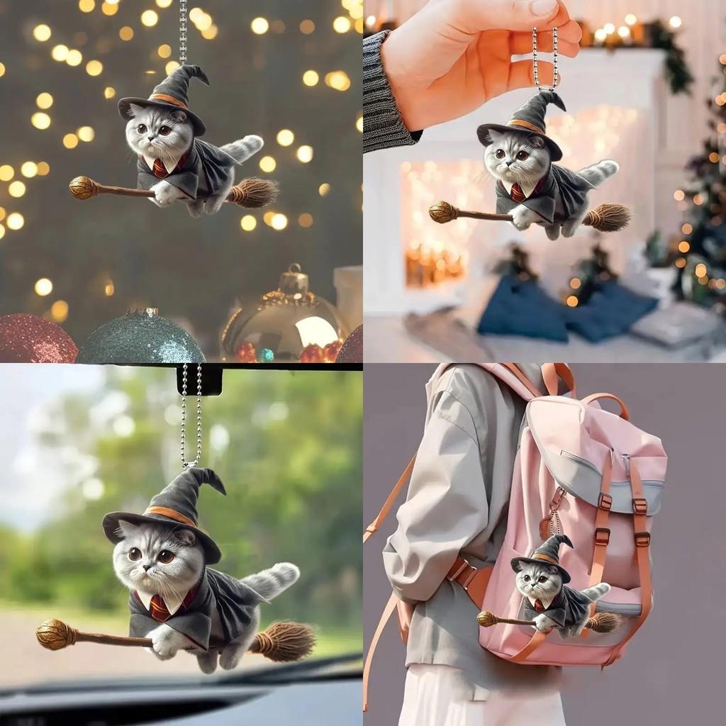 Acrylic Flat Surface Car Pendant With Magical Cat Riding Broom Design For Vehicle Interior Decor