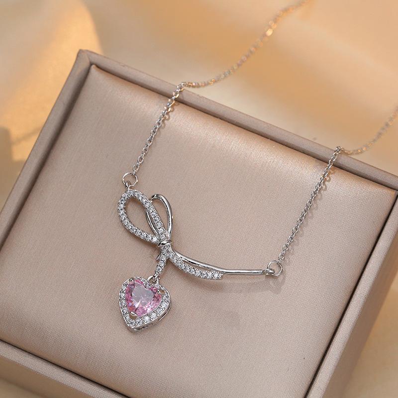 Pink Heart Zirconia Bow Pendant Necklace for Women Trendy Hypoallergenic Stainless Steel Chain Jewelry Wedding Engagement Party Accessories