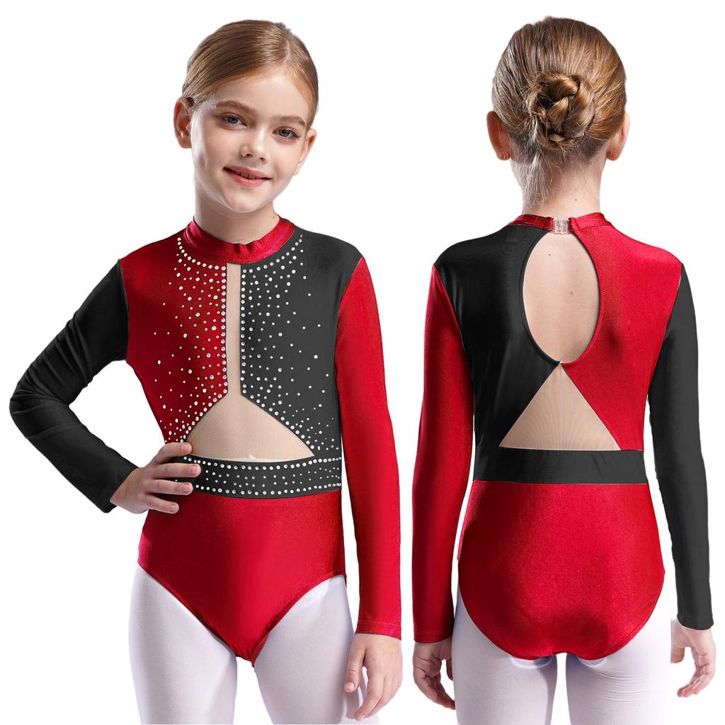Гимнастический купальник для девочек, фигурное катание, балетные купальники, длинный рукав, стразы, сетчатый комбинезон, танцевальная одежда, боди для джазовых танцев, костюм для латинских танцев
