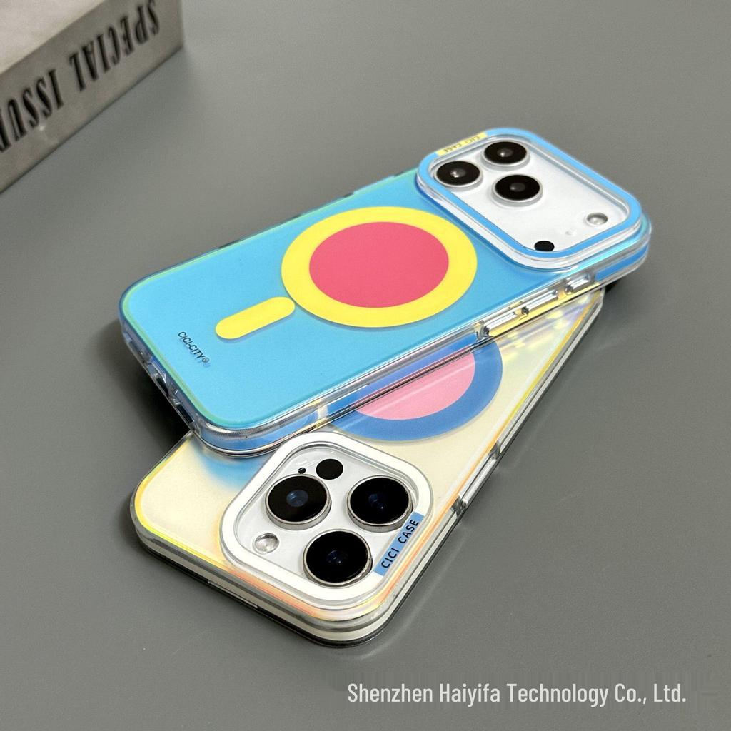 Яркий лазерный макаронный магнитный чехол Apple 17 Pro Max для iPhone 16 - Дизайн Color Block, Защита от падений, Полное покрытие