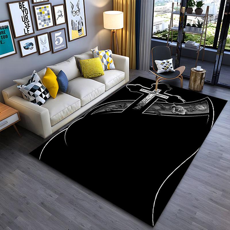Black Cross and Rose Carpet Design suitable as a non-slip mat for the living room or bedroom sofa