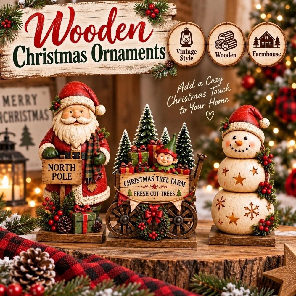 3Pcs 2D Flat Wooden Christmas Ornaments Rustic Style Christmas Figurines Home Decor
