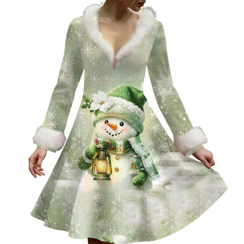 Женское повседневное платье с V-образным вырезом, рождественским принтом, плюшевыми длинными рукавами