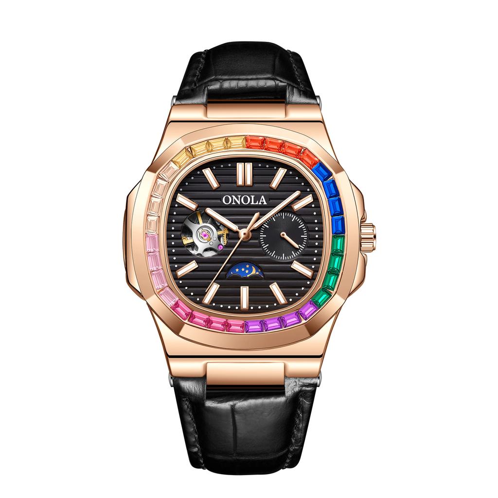 Fashion Colorful Diamond Hollow Wristwatch Automatic Mechanical Men's and Women's Watches Waterproof Leather Watch Men's Clock