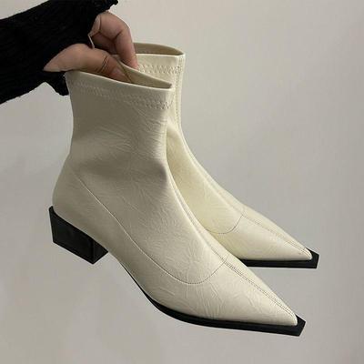 Женские французские ботильоны на массивном каблуке 2025: Острый носок, Эластичный, Средний каблук, Стройнящий, Модный дизайн с коротким голенищем.