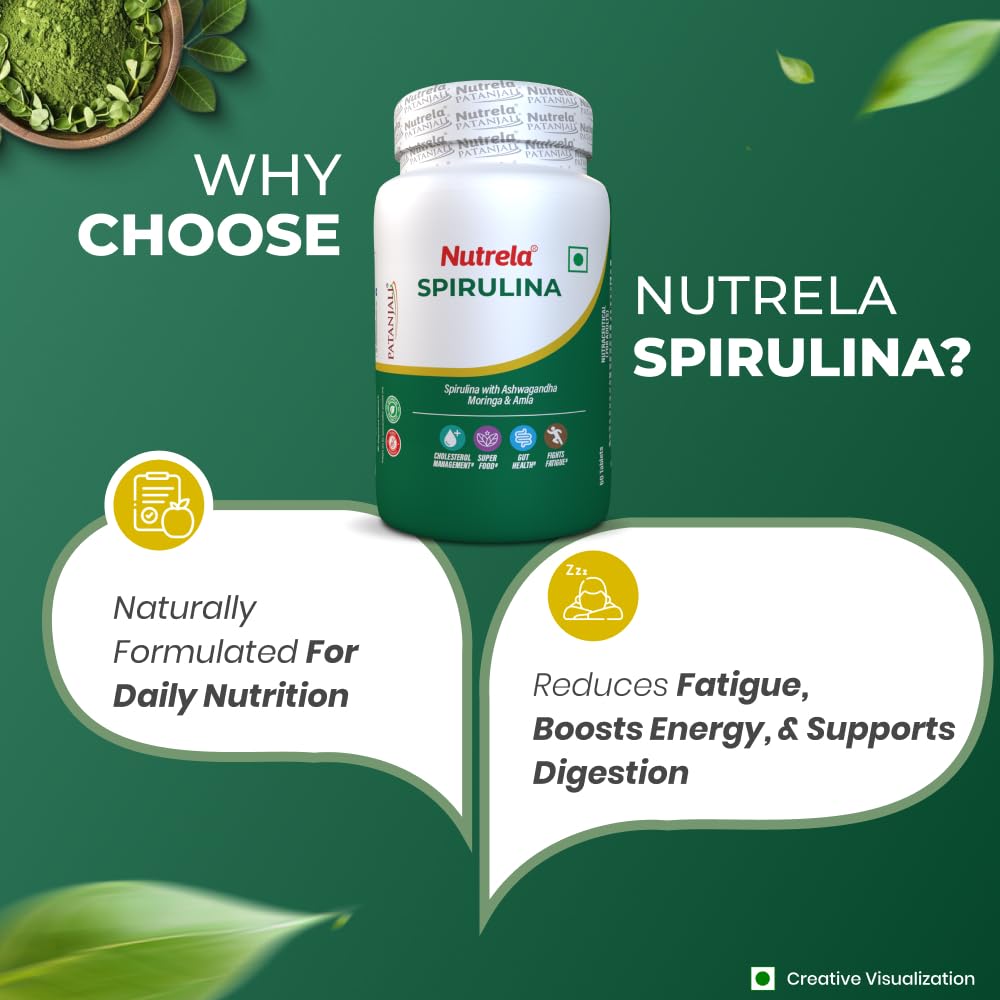 Nutrela Nutrition Спирулина 60 таблеток | Суперфуд с высоким содержанием белка для энергии, иммунитета и здоровья веганов
